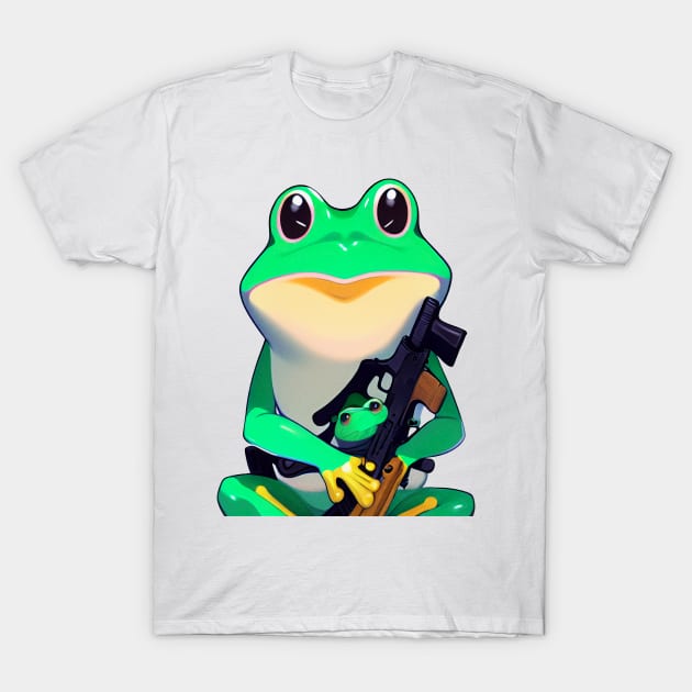 Cute Frog Holding a Gun T-Shirt by BAYFAIRE